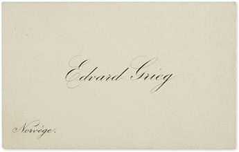 GRIEG, EDVARD. Autograph Note Signed, Edvg., to Dear Sir, in French, on the verso of his printed visiting card,